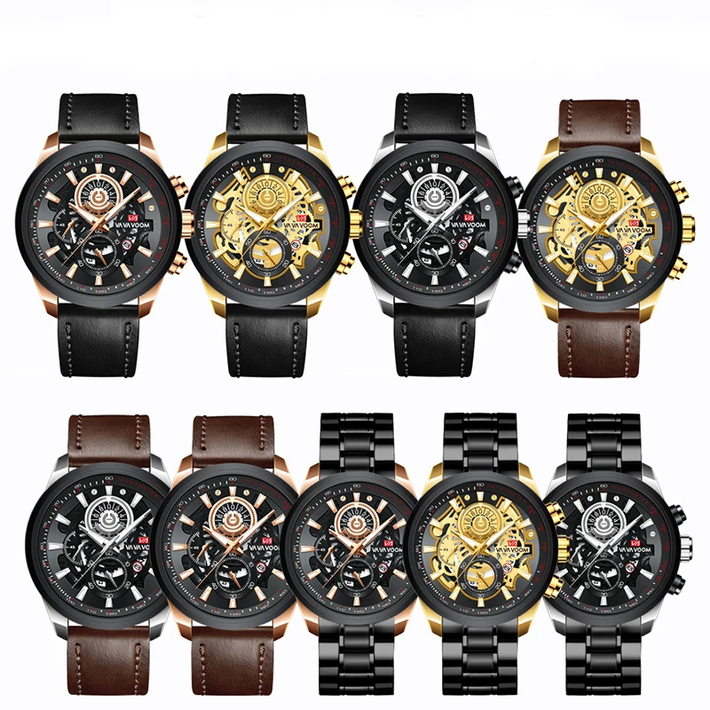 vava voom men watch top brand mens quartz watch water proof sports skeleton watch men calendar hollow out dial leather strap hot free global shipping