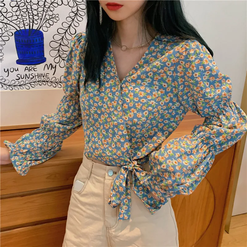 

Print Chiffon Sweet Style Women's Clothing Crop Top Korean Fashion Clothing Summer V-neck Shirts New Blusas Mujer De Moda 2021