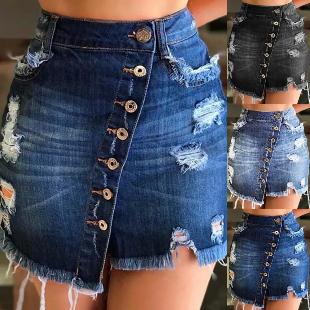 

Summer Women Short Denim Skirt Sexy Mini Jeans Solid High Waist Skirts Harajuku Fashion Ripped Streetwear Black blue Skirt