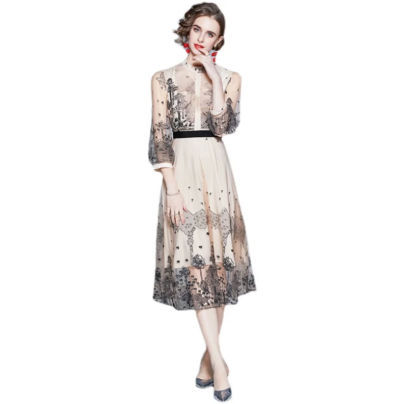 

Simgent High Quality Embroidery Dress Women Lantern Sleeve Stand Collar Elegant Vintage Retro Midi Dresses Vestidos SG12203