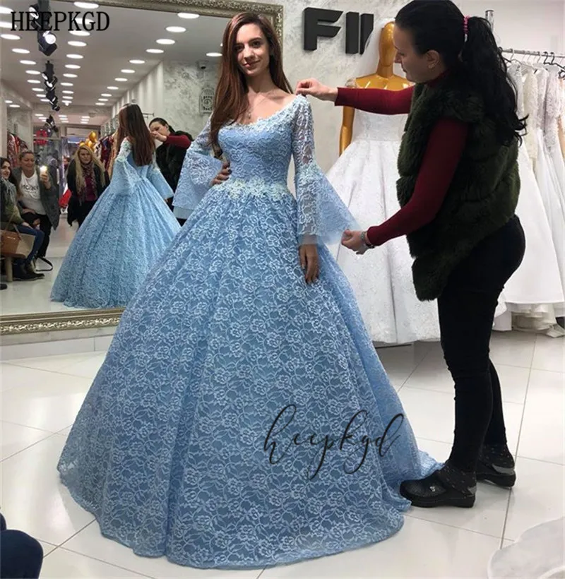 Кружевное вечернее платье в стиле Саудовской Аравии мятно синее милое принцессы