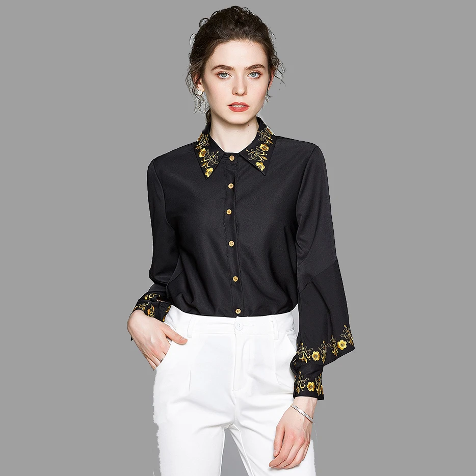

Women Spring Designer Vintage Floral Embroidery Blouse Shirt Female Black Sexy Office Casual Chemise Womens Elegant Tops Blouses