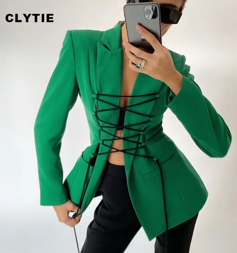 

Новинка, весенний блейзер для женщин, с длинным рукавом, повседневная Осенняя уличная одежда, Женский Модный облегающий Блейзер на шнуровке...
