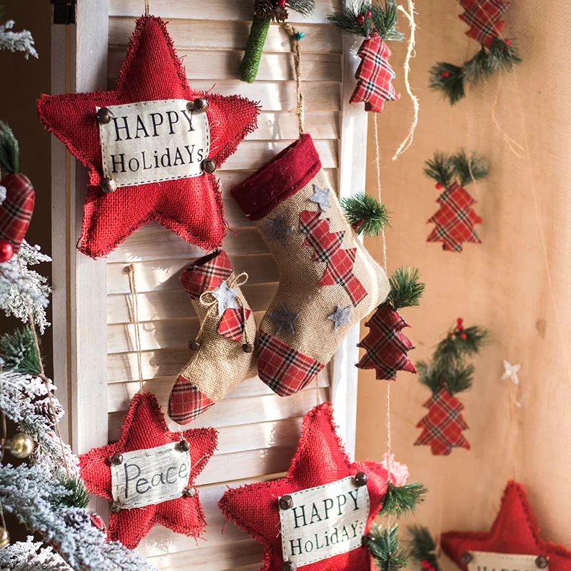 Тканевый клетчатый декоративный шнурок со звездами рождественское подвесное