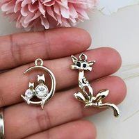10pcs cute rhinestone cat charms gold color metal kitty pendants key ring trinket accessories for earring phone case decoration