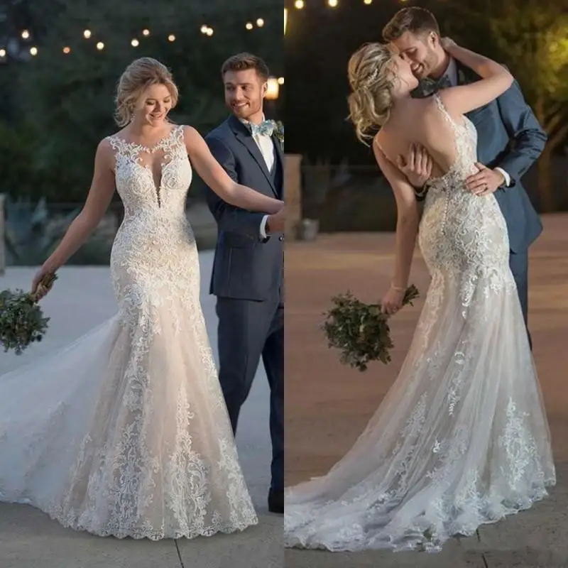 

Country Mermaid Wedding Dresses vestido de novia Crew Neck Sleeveless Backless Sweep Train Applique Bridal Gowns
