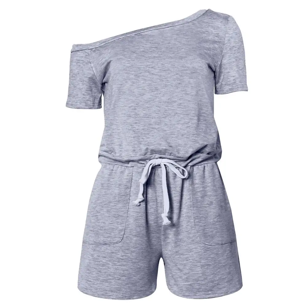 

Women Sexy Off Shoulder Lace Up Design Playsuits Elegant Short Sleeve Solid Casual Slim Pocket Decor Overall Jumpsuit Streetwear