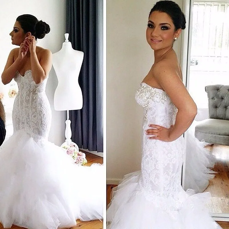 

New Arrival vestido de noiva sereia Appliques Beads Long Strapless Fishtail Wedding Dress Best Selling Tulle Style Bridal Gown