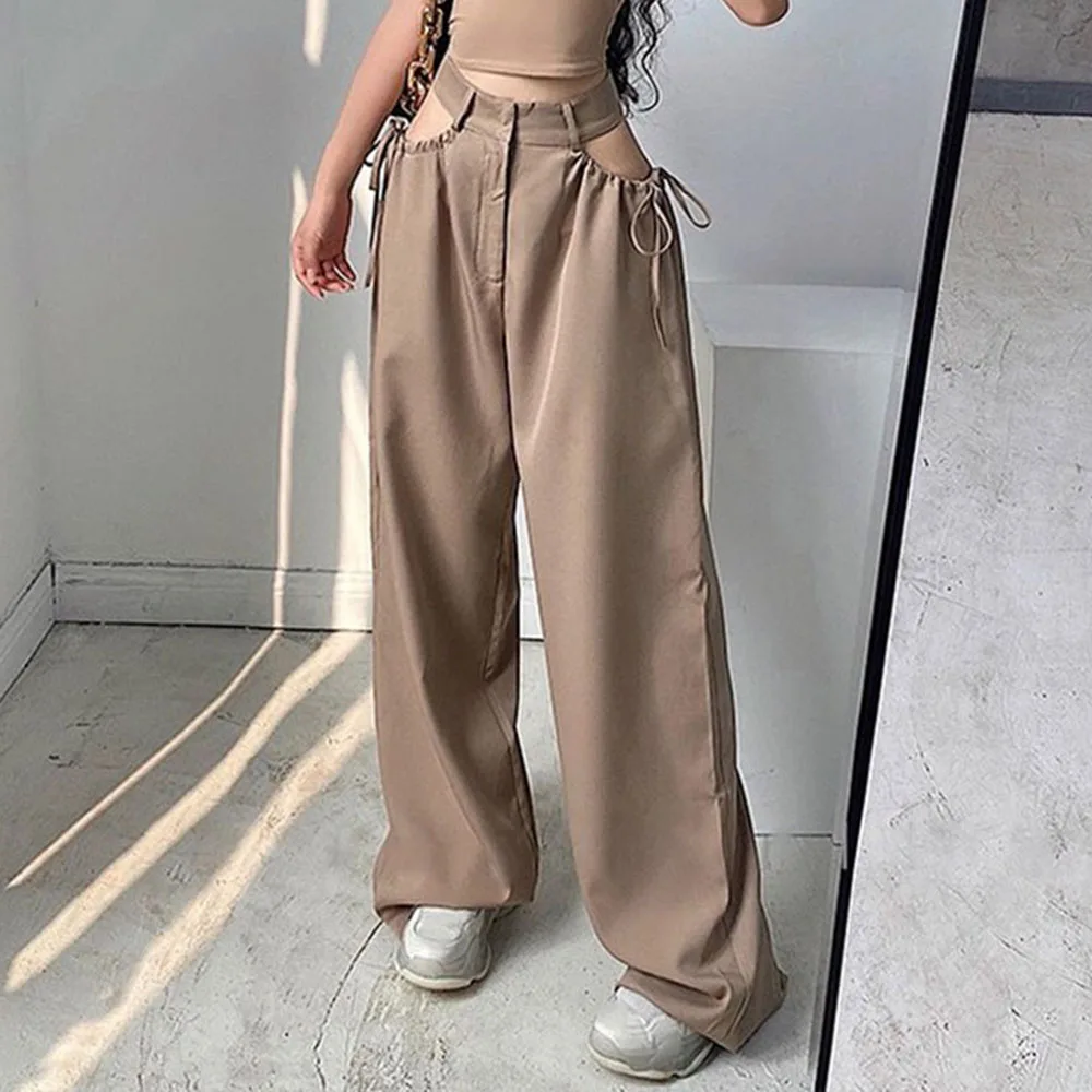 

Western Style 2021 New Straight Wide Leg Pants High Waist Hollow Out Loose Designer Simple Solid Color Women's Casual Pants