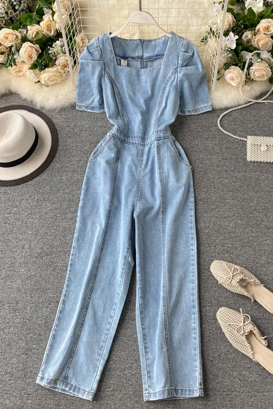 

ZOSOL Long Leg Pants Summer Wear for Women 2020 New Style Retro Square Collar Jeans Slim High Waist Straight Wide Leg Jumpsuit