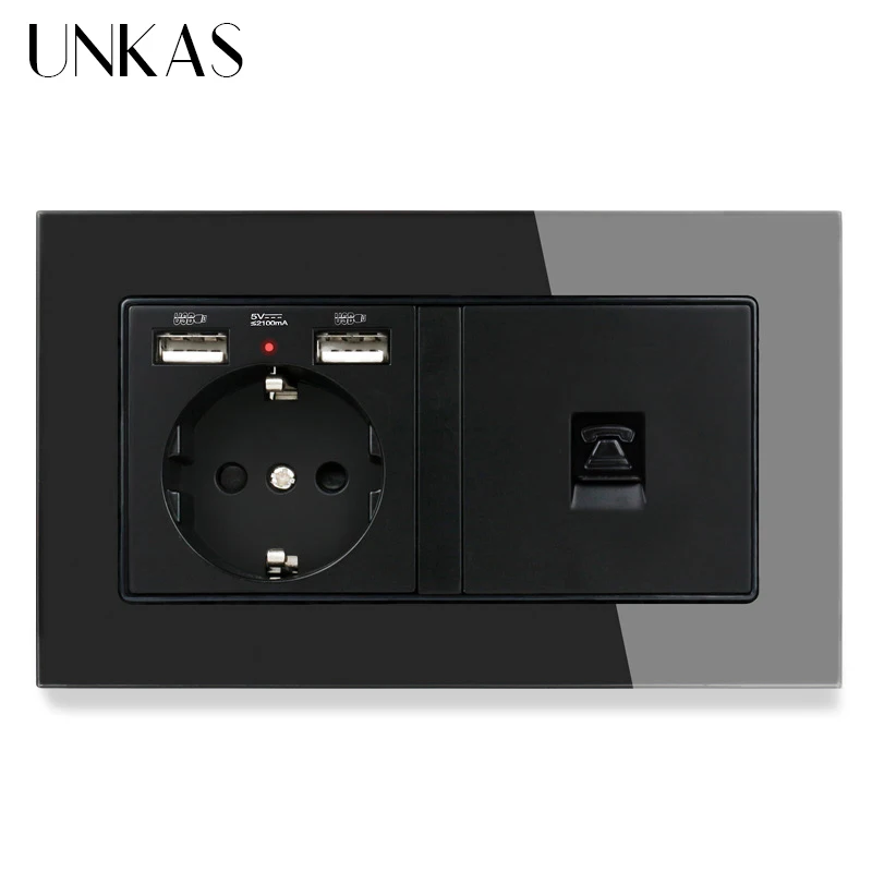 UNKAS розетка европейского стандарта с 2 USB портами для зарядки + 1 Gang RJ11 ядерный