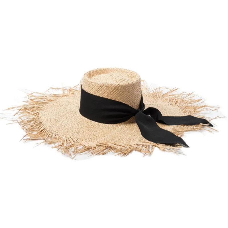 

European and American retro hand-made fluted Lafite grass flat top straw hat