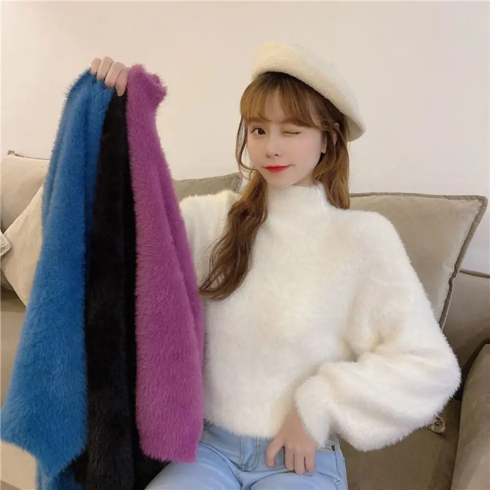 

Half High Neck Warm Sweater Women's Loose Solid Color Sweater In Autumn Winter Thickened Imitation Mink Hair Sueters De Mujer