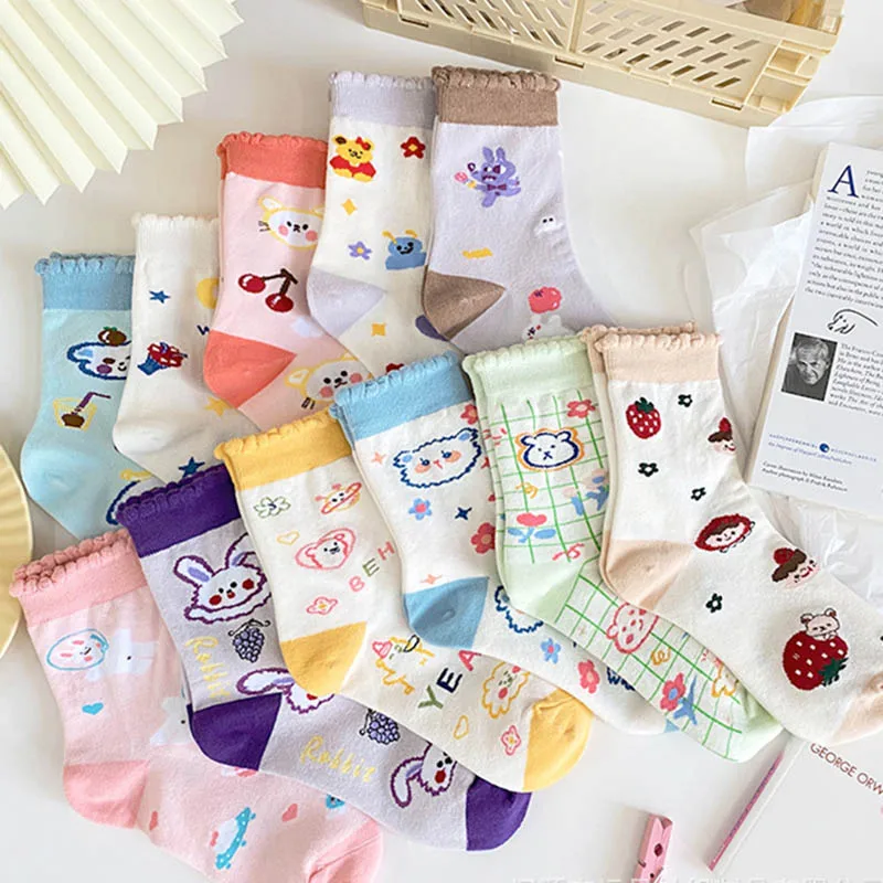 

Korean Style Cartoon Funny Socks Rabbit Cherry Strawberry Cute Socks Woman Harajuku Creative Skarpetki Happy Calcetines Mujer