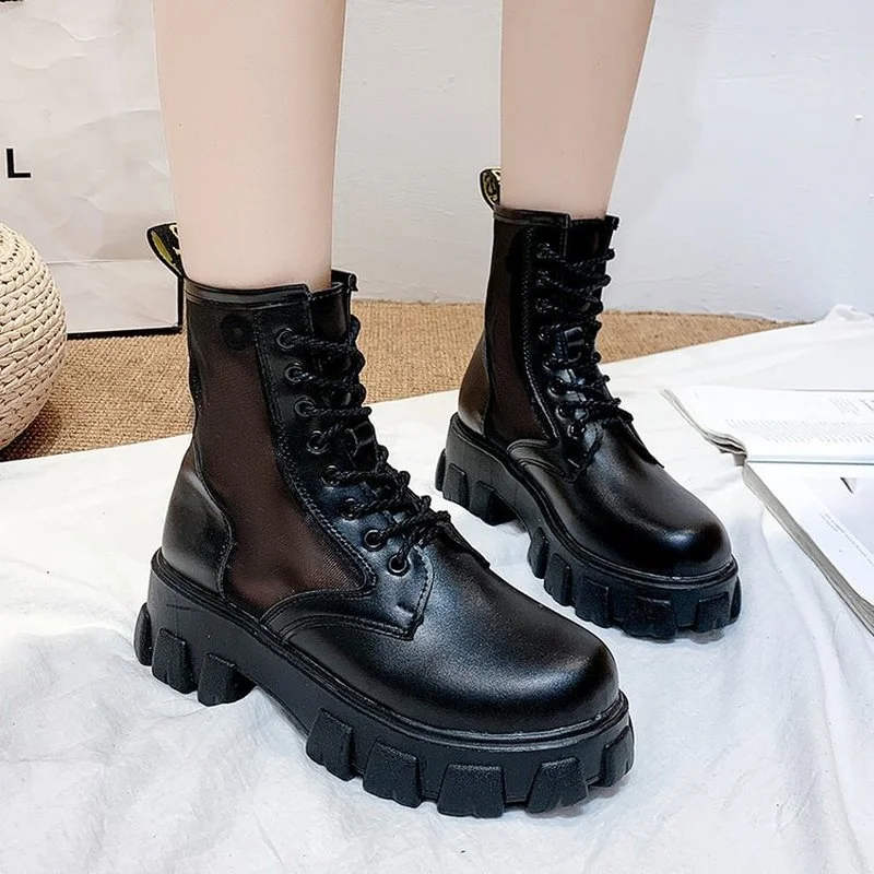 

Женские мотоциклетные ботильоны Botas, черные кожаные ботинки на танкетке, со шнуровкой, на платформе, весна 2020