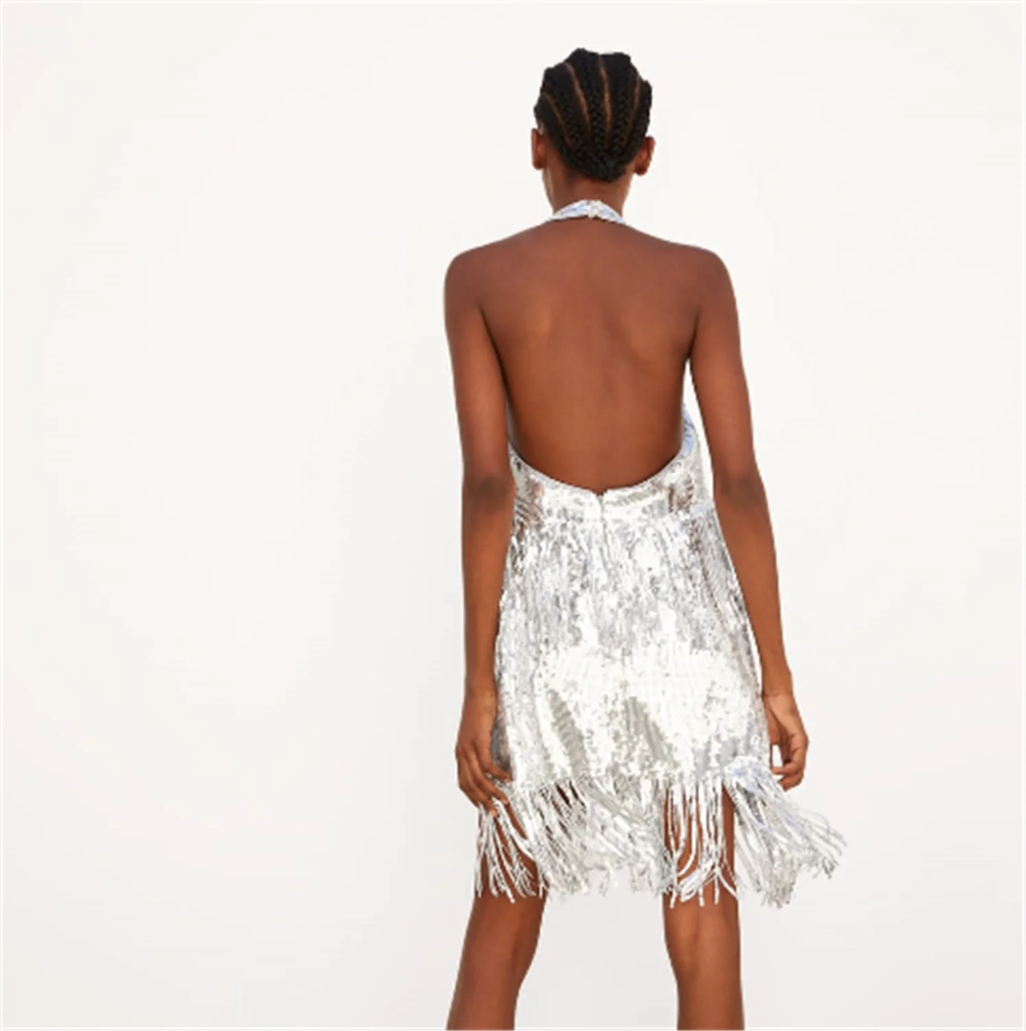 2020 ZA Модное Новое Женское платье с блестками сексуальное кисточками и бисером