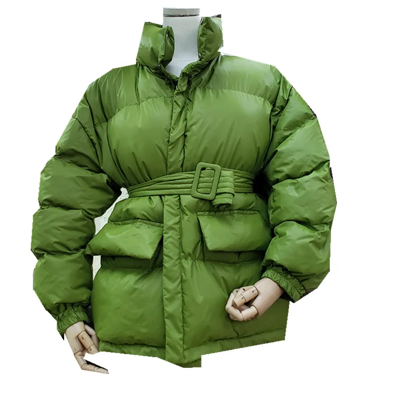 Winter Puffer Coat Female Thick Warm Parka Coat Collar Collar Bubble Coat Korean Cotton Button Down Jacket with Belt Coat Green