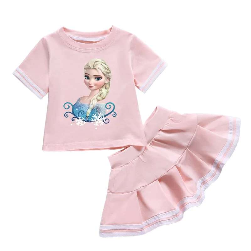 

Disney Frozen Princess Summer Girls Cotton Fashion Cartoon Print T-shirt Round Neck Skirt Casual Sports Children's Suit Set