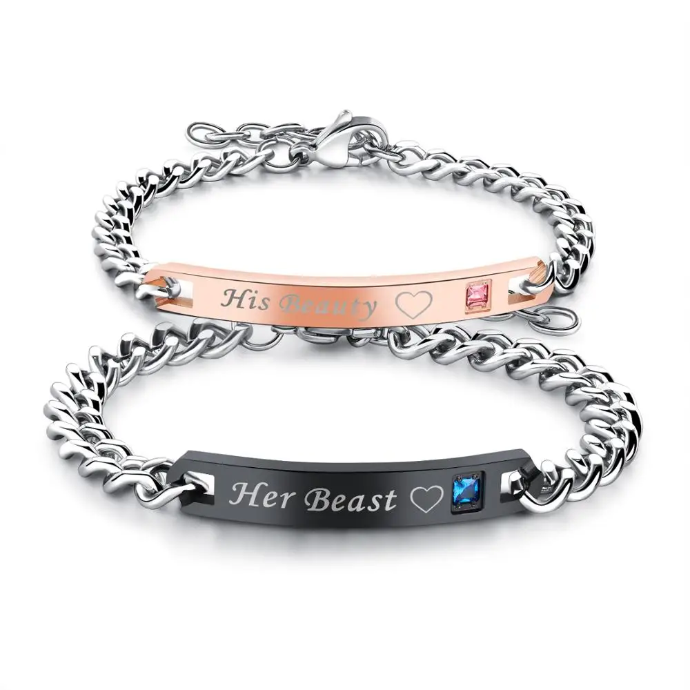 

Stainless Steel Charm Bracelets for Women Men Couple His Beauty Her Beast Heart Zirconia Fashion Jewelry Gift