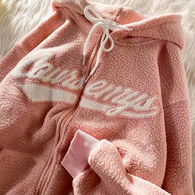 New Polar Fleece Hoodies Women Casual Embroidery Clothes for Teens Sweatshirts Vintage Pink Tops Retro Winter Women Hoodie 6