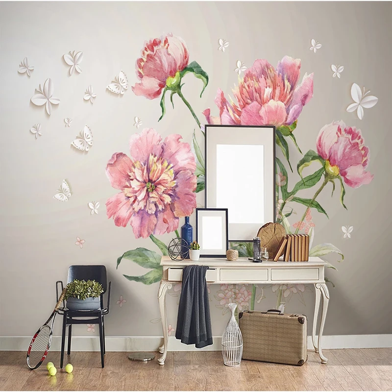 3D Настенные обои акварельные пионы цветок бабочка настенная ткань для гостиной