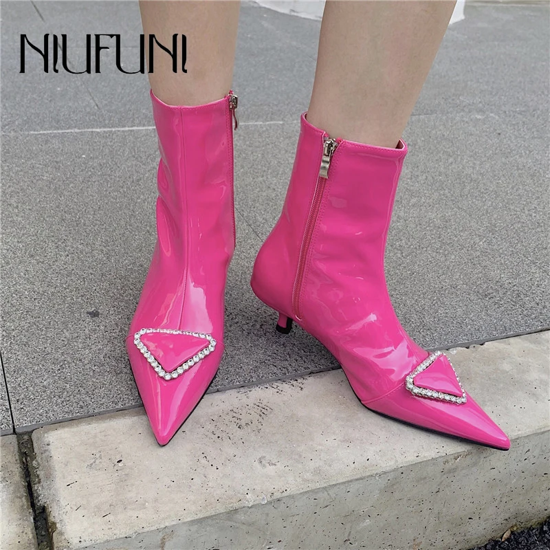 

NIUFUNI Pointed Rhinestone Patent Leather Women's Autumn Boots Stiletto Knight Boots Side Zip Low Heels Ankle Boots Women Shoes