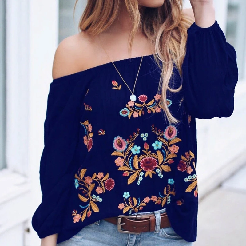 

2019 new retro women's street clothing long-sleeved embroidered shirts bubble sleeves off-the-shoulder loose spring shirt shirt