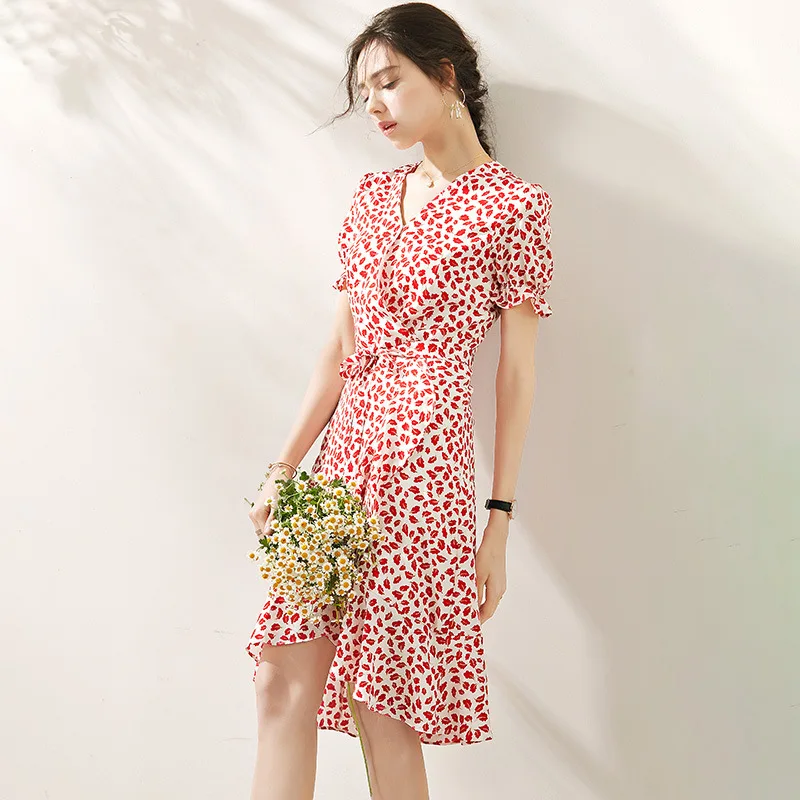 

Summer women French style Chic V- neck Print Slim Mermaid Dress