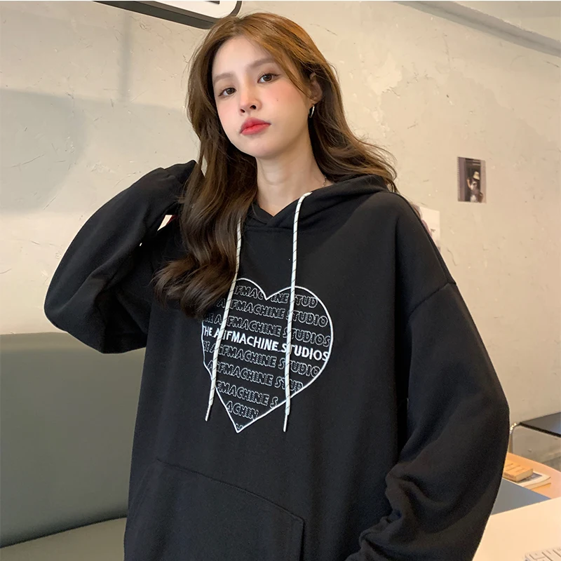 

Korean Style College Style Women's Letter Heart-shaped Print Retro Harajuku Hoodie Oversized Autumn Winter Casual Pullove 2021