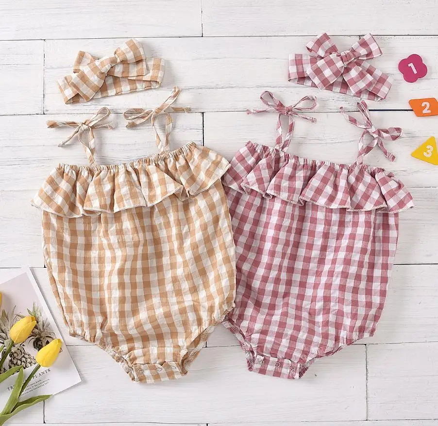 

Summer Baby Girls Rompers Newborn Infant Baby Girl Sleeveless Ruffles Plaid Rompers Jumpsuits Headband Cotton Outfits