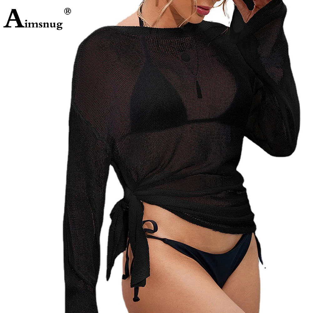 Women transparent Cover Up Long Sleeve Beach Shirts Loose Swimwear 2022 Summer New Casual Hook hollow Cover-up Femme Beachwear