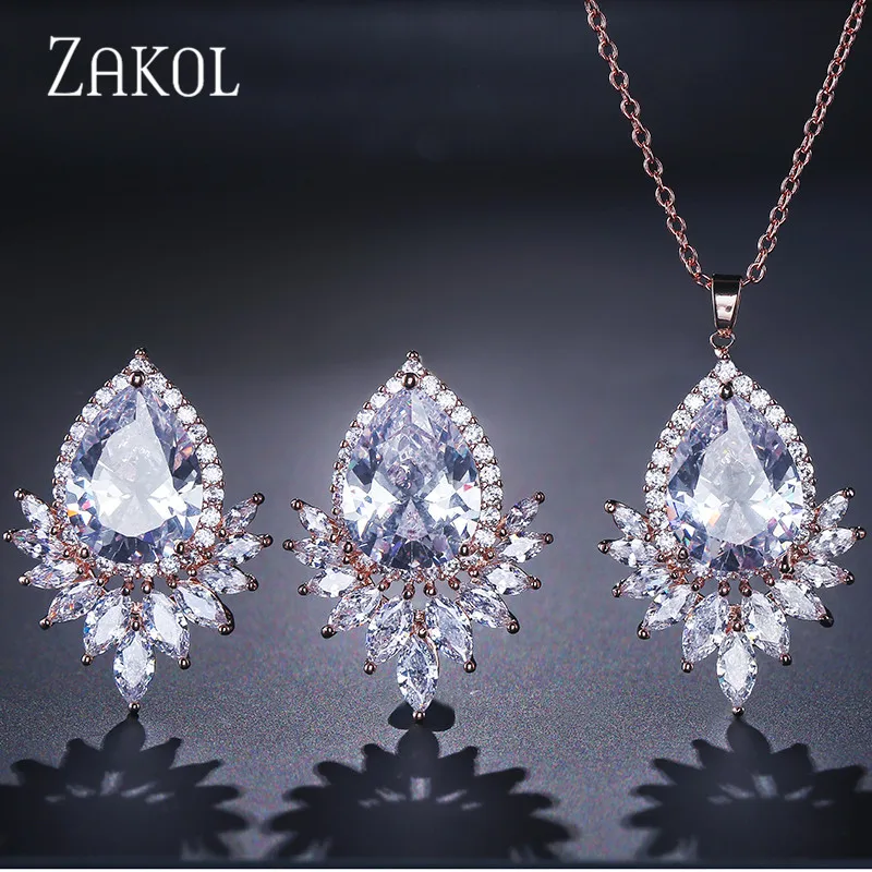 Комплект ювелирных изделий ZAKOL с романтичным цирконием серьги гвоздики в форме