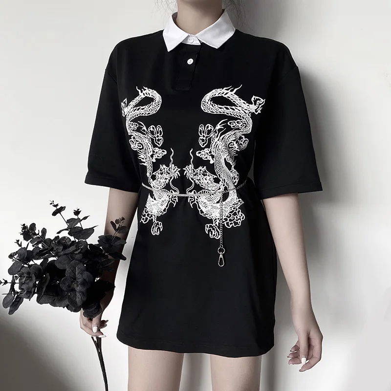 

Summer Female Black Loose Long T-shirts Women Gothic Streetwear Punk Dragon Print Short Sleeve Female T-shirts Tee Tops
