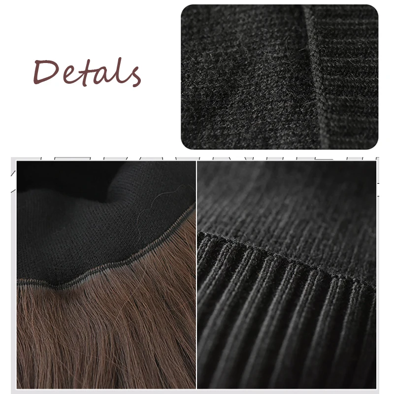 Long Synthetic Beanies Hat With Hair Wigs For Women 24inch Straight Hair Synthetic Wig Warm Soft Ski Knitted Autumn Winter Cap