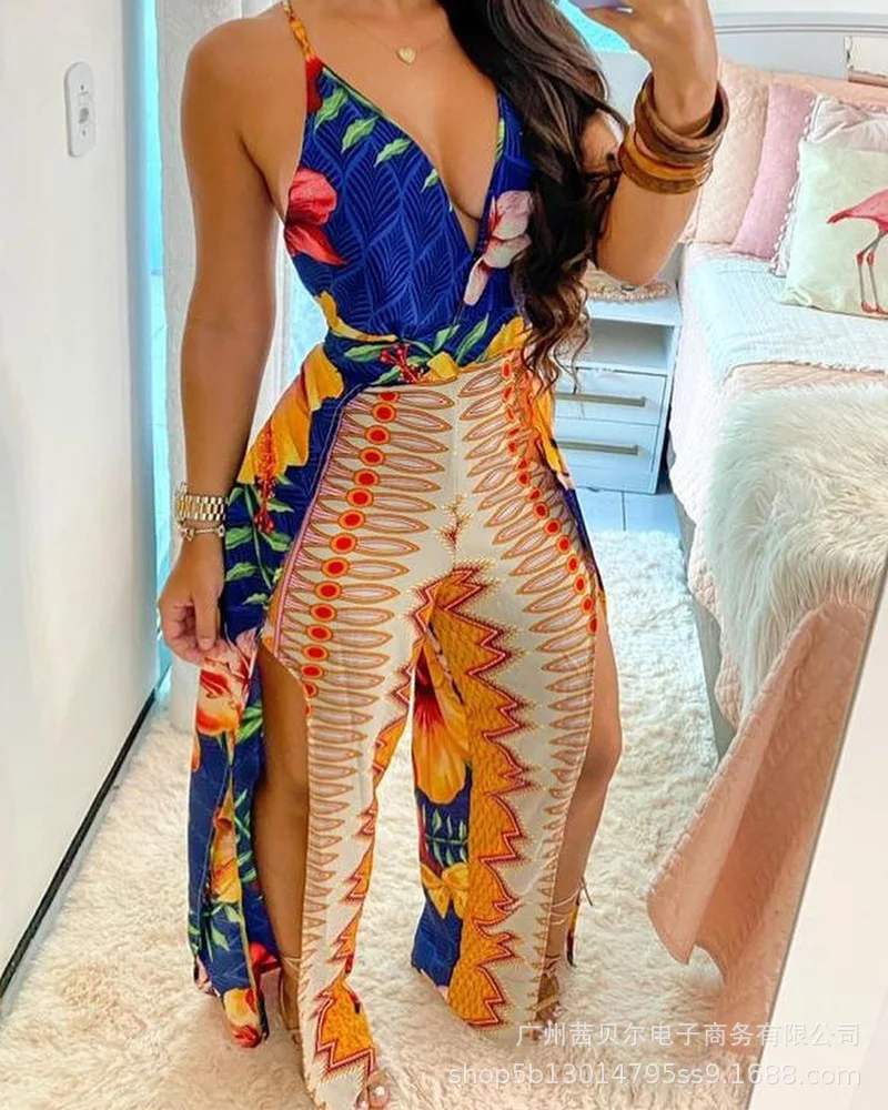 

2021 European and American new printed v-neck waist split jumpsuit