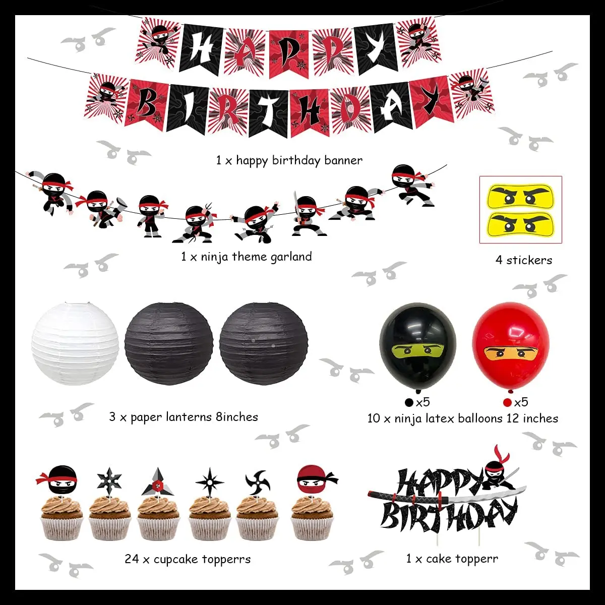 Ninja-Conjunto de decoraci&oacute;n para fiesta de cumplea&ntilde;os para ni&ntilde;os con cartel de Ninja, adornos para tartas de cumplea&ntilde;os y linternas de papel-1