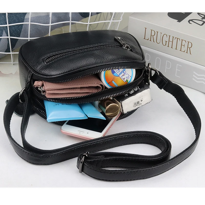

Genuine Leather Shoulder Bag Small round Clutch Bag Three-layer Zipper Messenger Bag Ladies Dual Purpose Crossbody Handbag purse