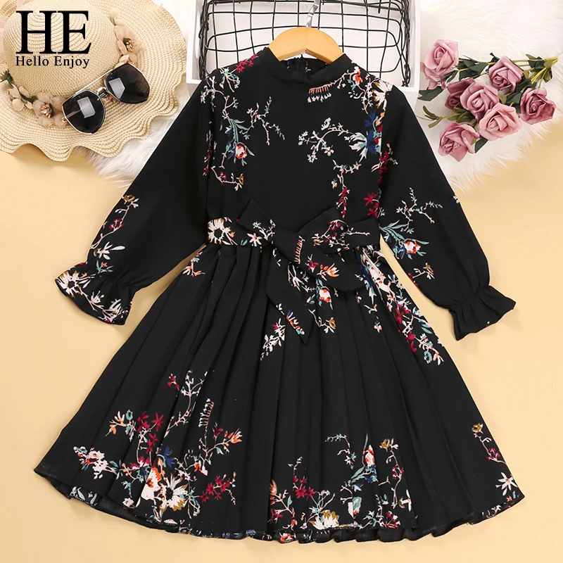 

HE Hello Enjoy Girls Dresses Teenager Casual Dress 2022 Spring Autumn Long Sleeve Dress Printing Children Clothes 4-12 Years