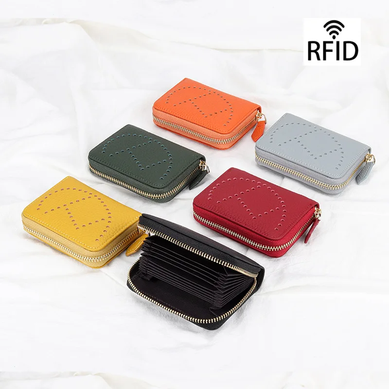 brand business card holder genuine leather rfid credit card holder women zipper pocket unisex hollow card case zipper coin purse free global shipping