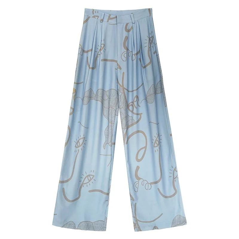 

2021 Summer Blue High Waist Drape Satin Mopping Pants Women Summer Loose Wide-leg Pants Graffiti Printed Ice Silk Trousers Women