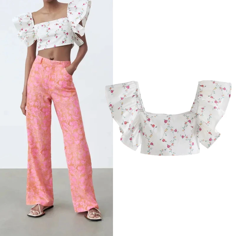 

PPYQYKX Za 2021 Summer Women's Fashion Floral Print Short Sleeve Top Retro Square Collar Short Top Party Casual Chic Top