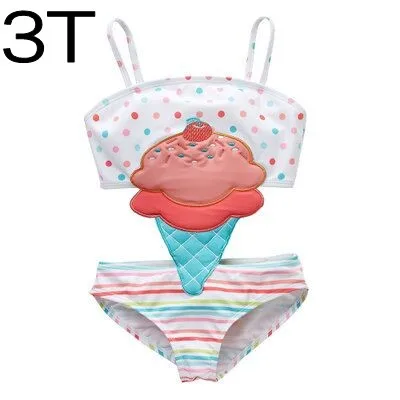 ice cream 3T Детский купальник для девочек, Цельный купальник в горошек с рисунком мороженого, цветная одежда для купания в полоску пляжная одежда золотой купальник в горошину с лебедем - Цвет: ice cream 3T