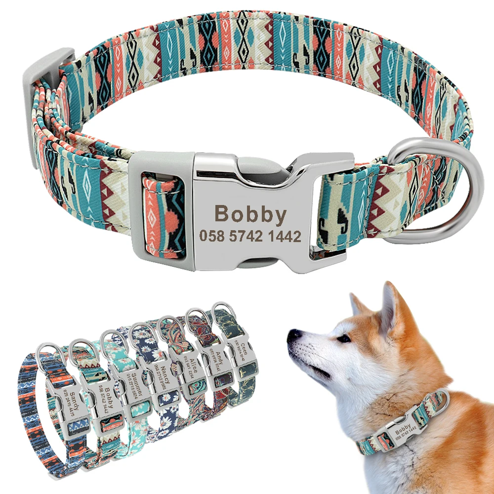 

Pet Collar Customized Printed Nylon Dog Collar Personalized Free Engraved Puppy ID Name Collar for Small Medium Large Dogs Pug
