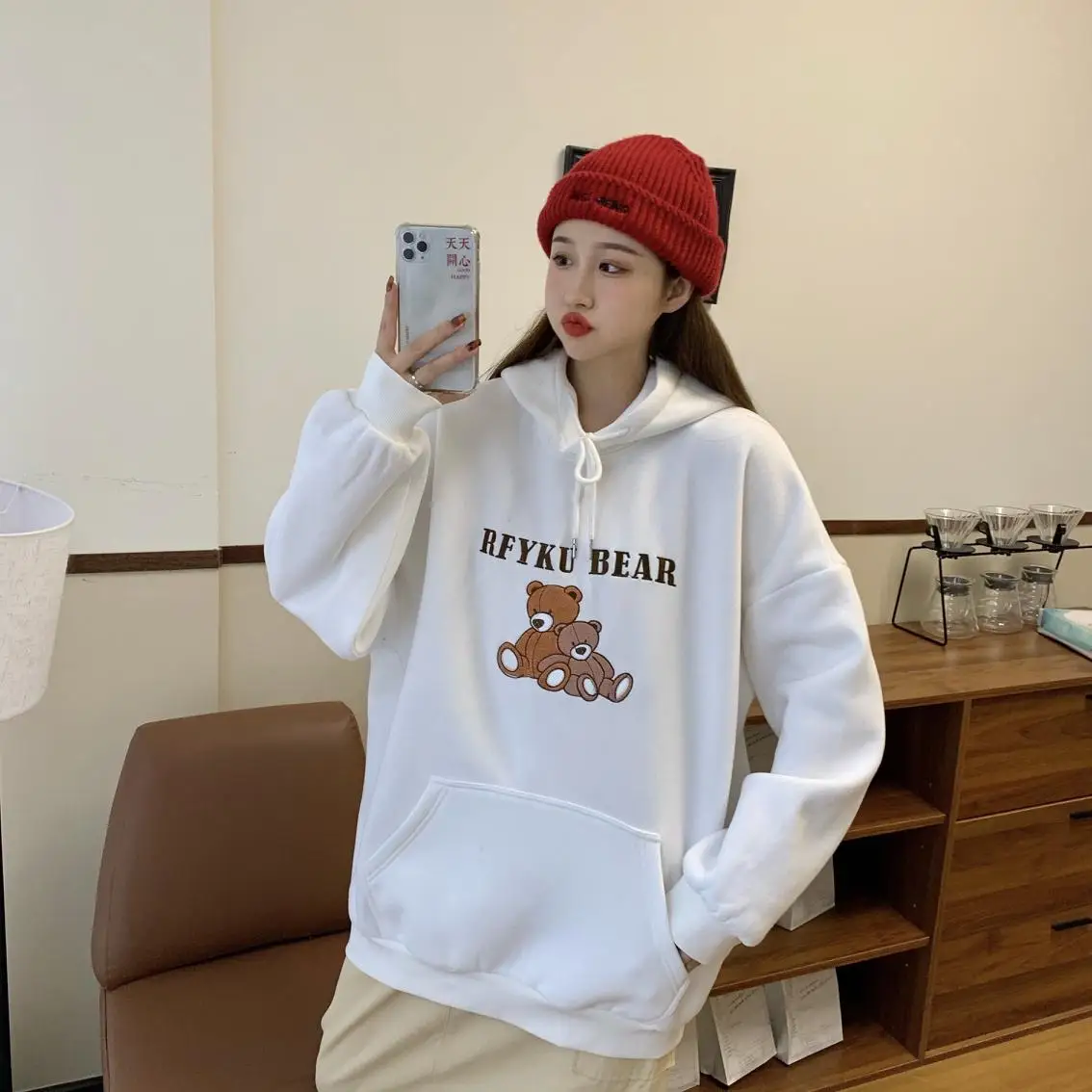 

Han edition loose and make firm offers ~ bear embroidery with velvet thickening hooded fleece jacket ins