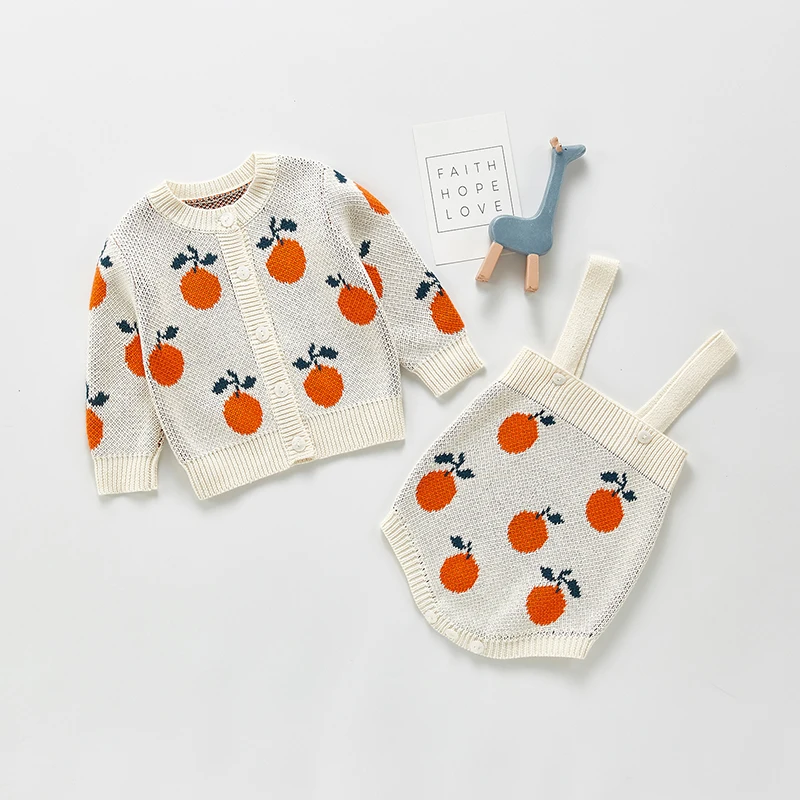 

Angou Newborn Baby Girls Clothes Autumn Print Orange Coat Long Sleeve Knitted Cardigan Tops Kids Toddler Sling Jumpsuit Sets