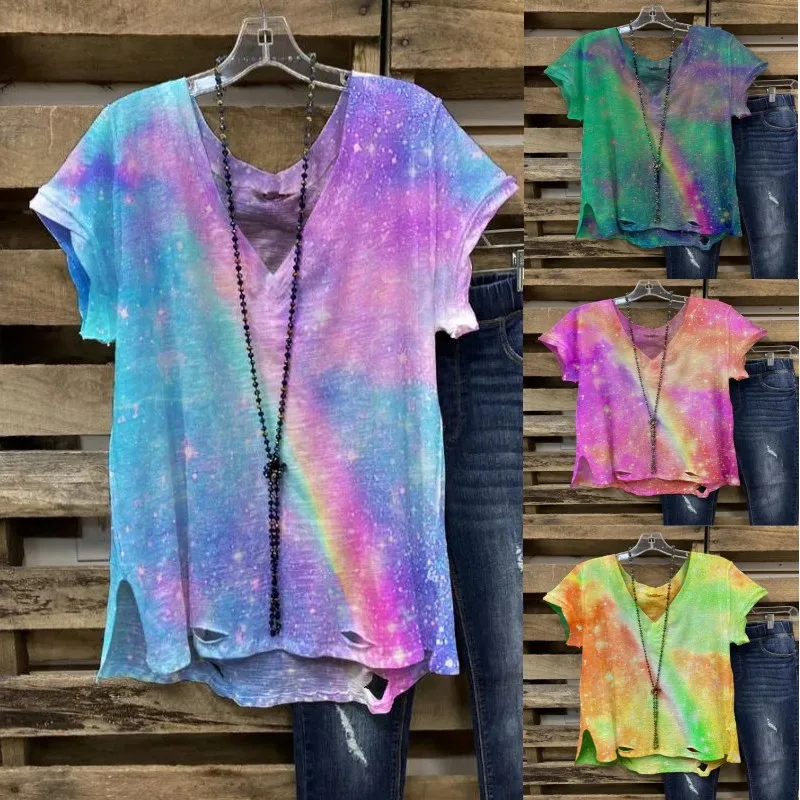 

Женская футболка Lugentolo, с рисунком тай-дай, летняя, рваная футболка, свободная, с коротким рукавом, круглым вырезом, размера плюс