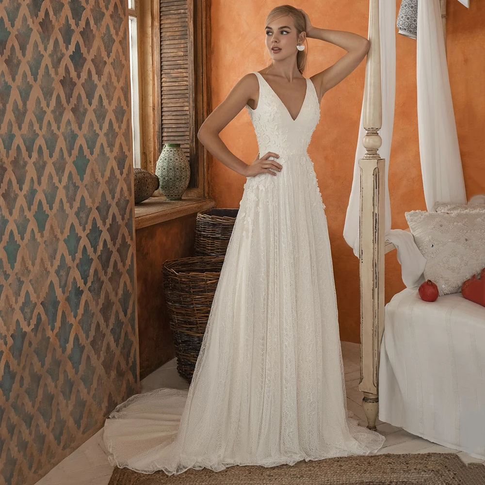 

Vestido De Novia 2021 Bohemian White A Line Romantic Wedding Dress V Neck Sleeveless Simple Bridal Gown Spaghetti Straps