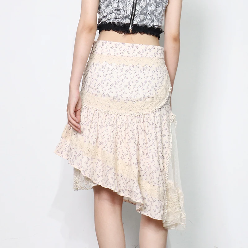 

XIZIHUPAN Print Floral Asymmetrical Skirt For Women High Waist Patchwork Lace Ruched Skirts Female New Clothing 2021 Fashion