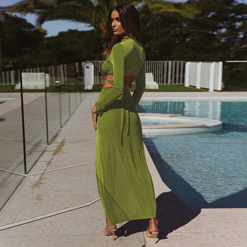

2021 Summer New Fashion High Waist Long Legs Side Slit Long Sleeve V-Neck Skirt Set