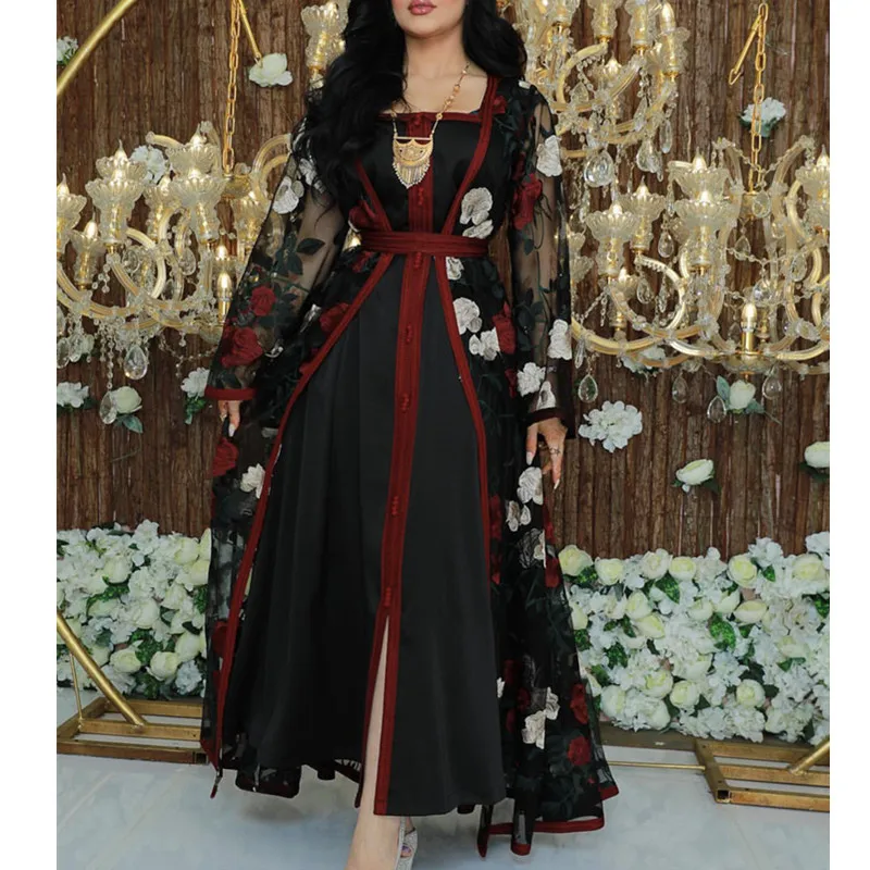 

2021 Full Body Embroidered Lace Mesh Abaya Set Dubai Arabic Turkish Noble Kaftan Long Dress Muslim Islamic Women Clothing